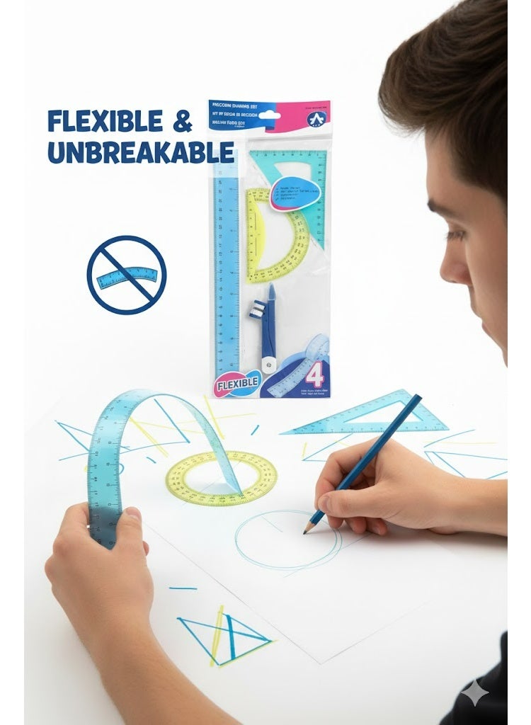 ارك طقم هندسي مرن "غير قابل للكسر" 4 قطع – مجموعة أدوات رسم هندسي متكاملة للمدرسة والمكتب – ألوان حيوية وتصميم متين - Image 4